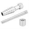 A silver ring expander and sizing kit with a hammer tool shown in various forms.
