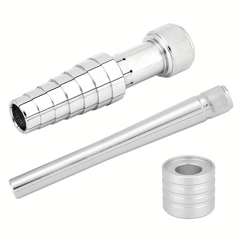A silver ring expander and sizing kit with a hammer tool shown in various forms.