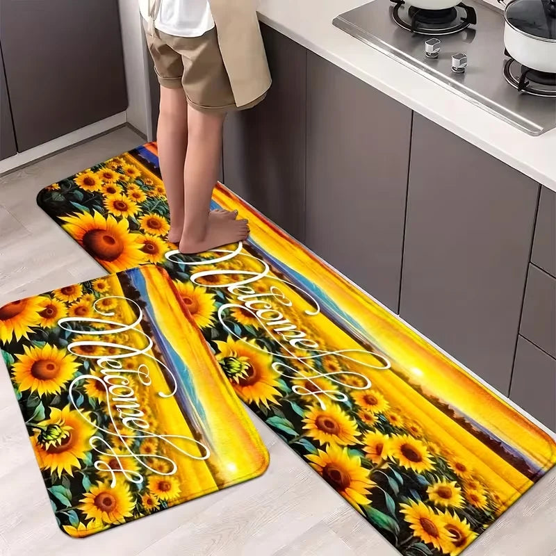 A yellow and black sunflower non-slip mat placed on a kitchen counter.