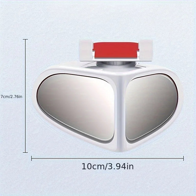 A pair of white blind spot mirrors with red adjustable covers shown against a light gray background.