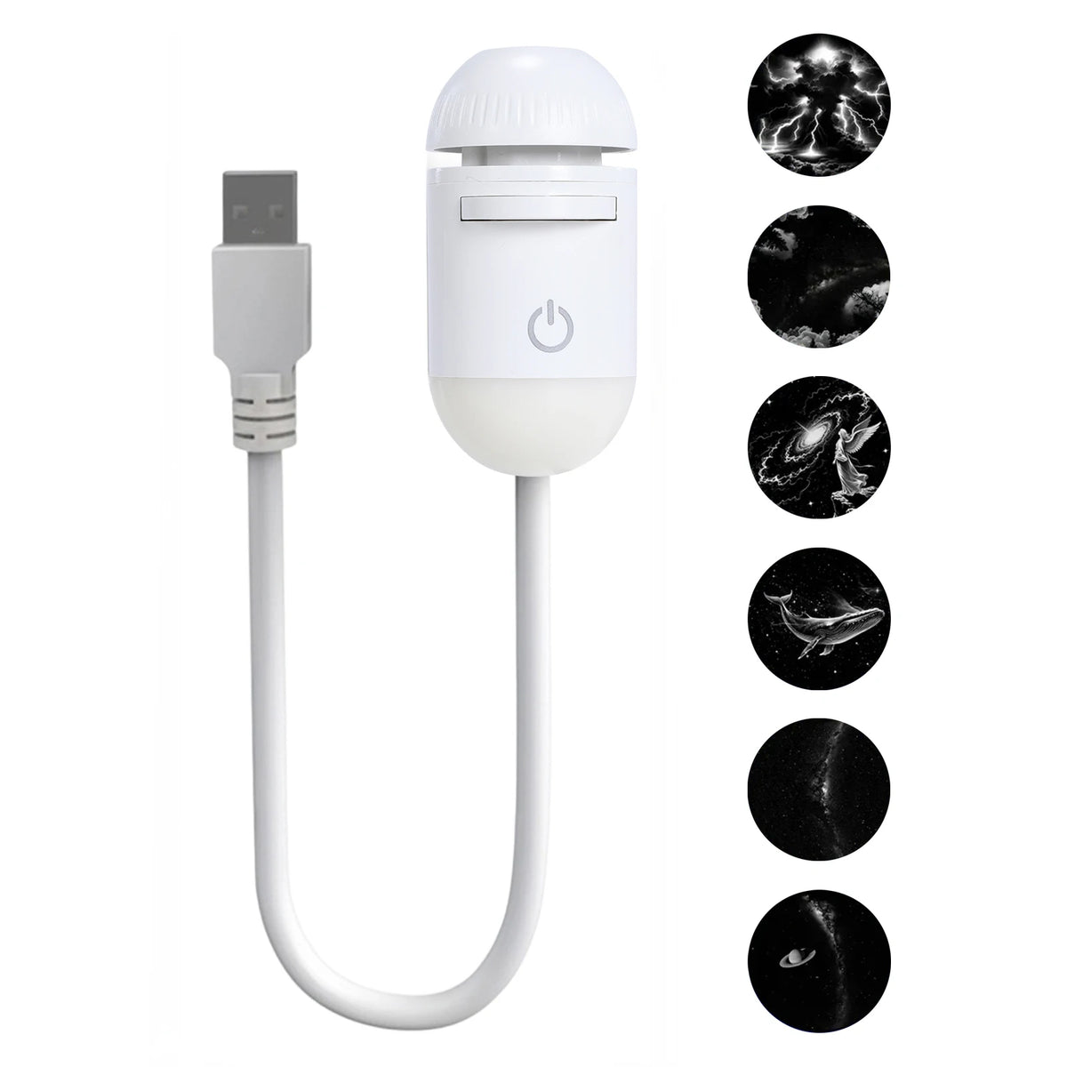 A white 2-in-1 mini projector night light with a USB connector and multiple star patterns displayed on the side.