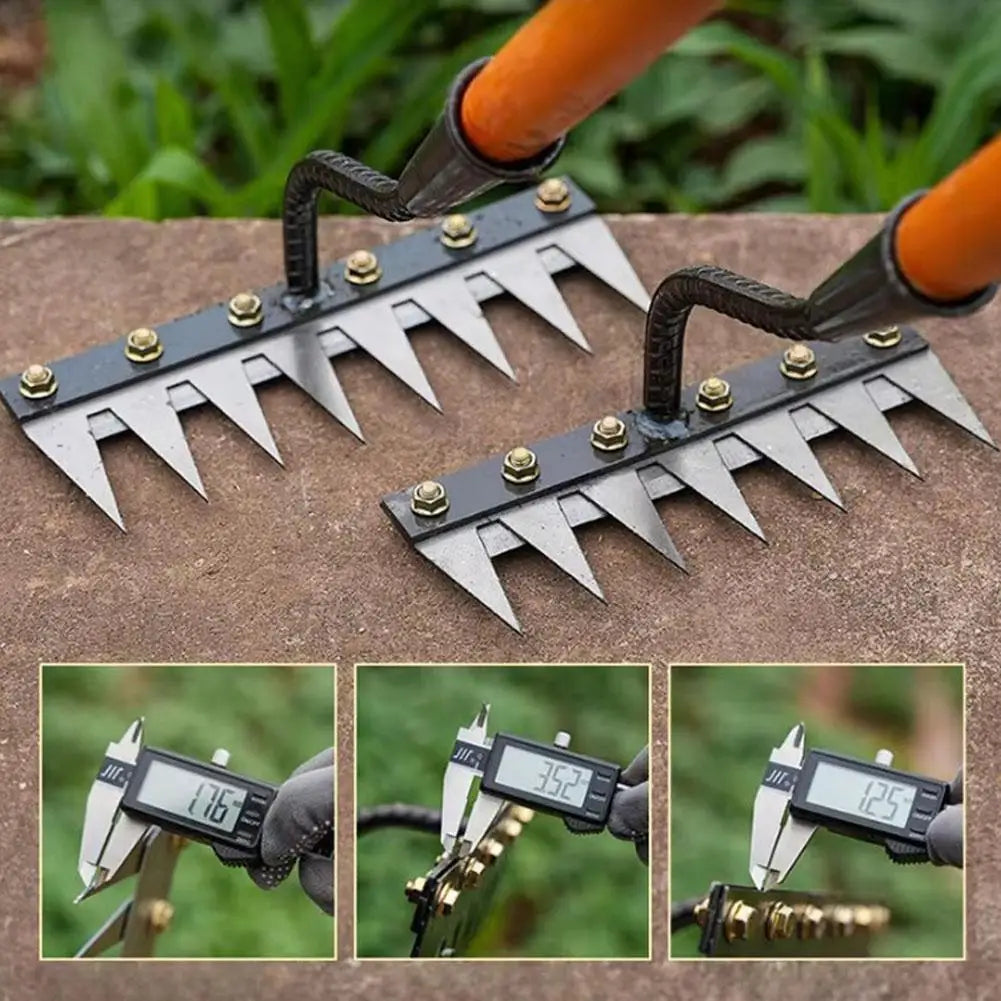 A carbon steel garden weeding rake with an orange handle is shown alongside close-up shots of the tool.