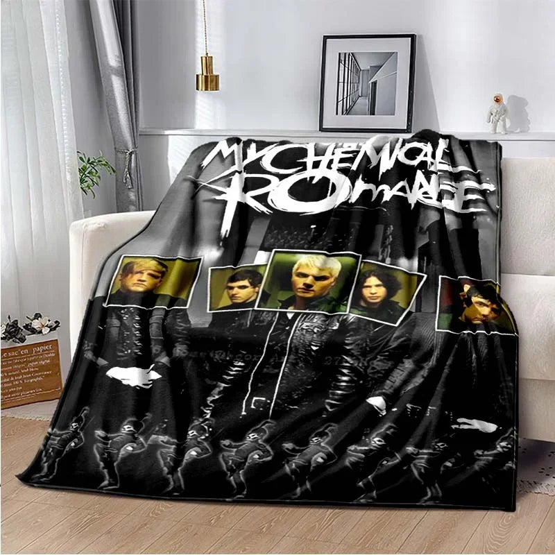 A black fleece throw blanket featuring the My Chemical Romance band logo and imagery.