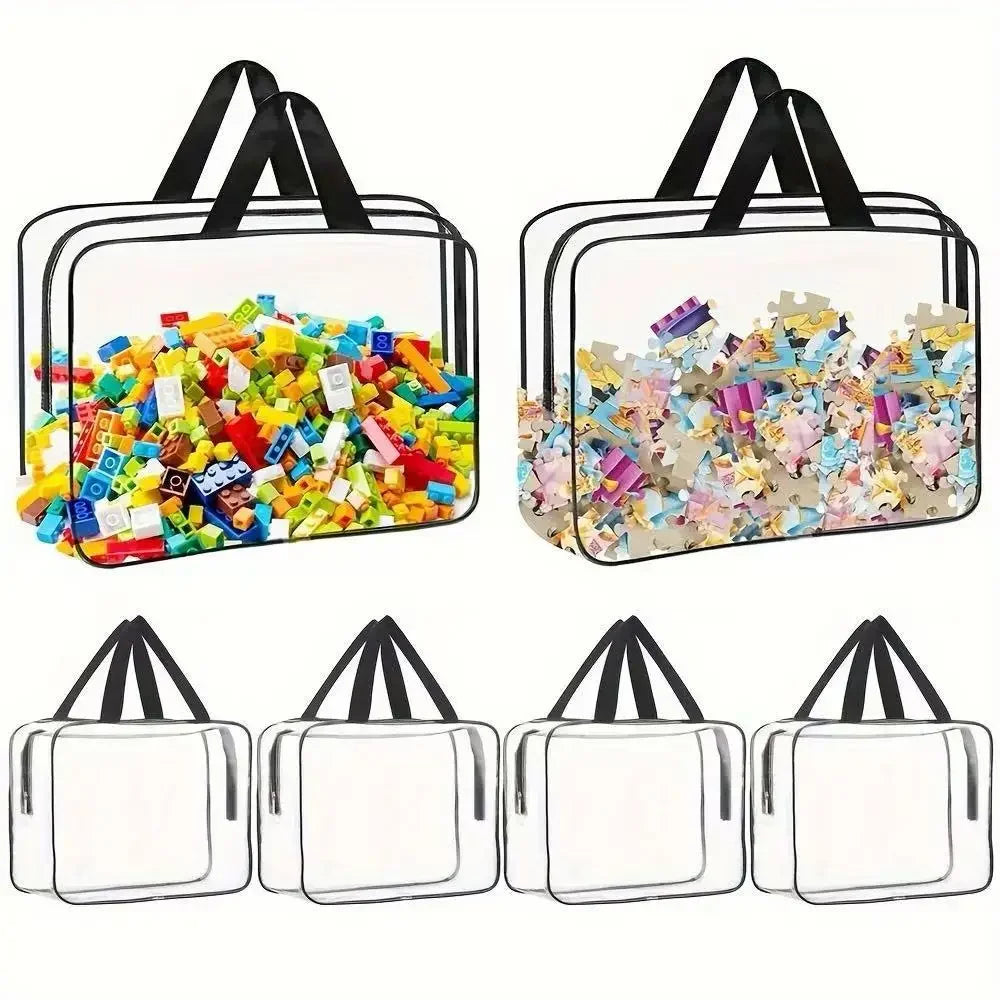 Two clear transparent storage bags with handles, showing colorful toys and cosmetics inside.