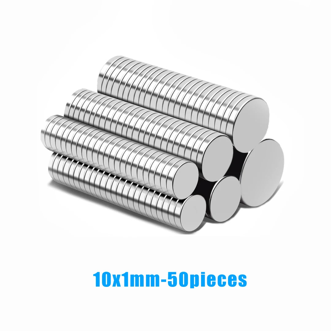 A pile of silver refrigerator magnets, measuring 10x1mm, with 50 pieces visible.