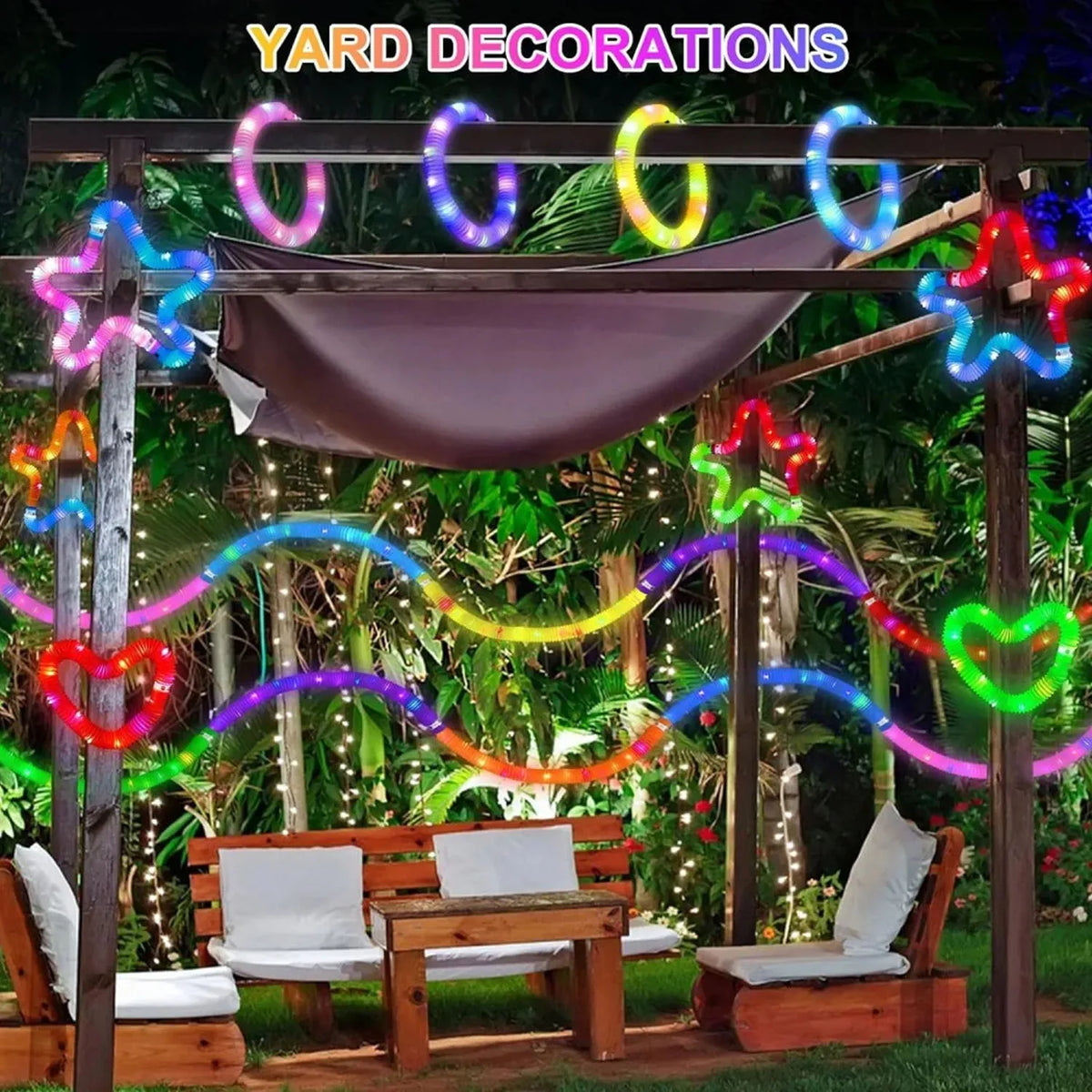 Yard decorations featuring colorful LED lights and star shapes hanging in an outdoor setting