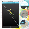 A digital writing tablet in light blue and black showing dimensions and close-ups of the stylus pen.