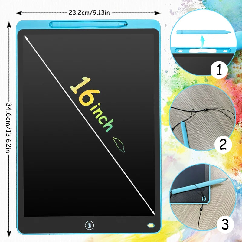 A digital writing tablet in light blue and black showing dimensions and close-ups of the stylus pen.