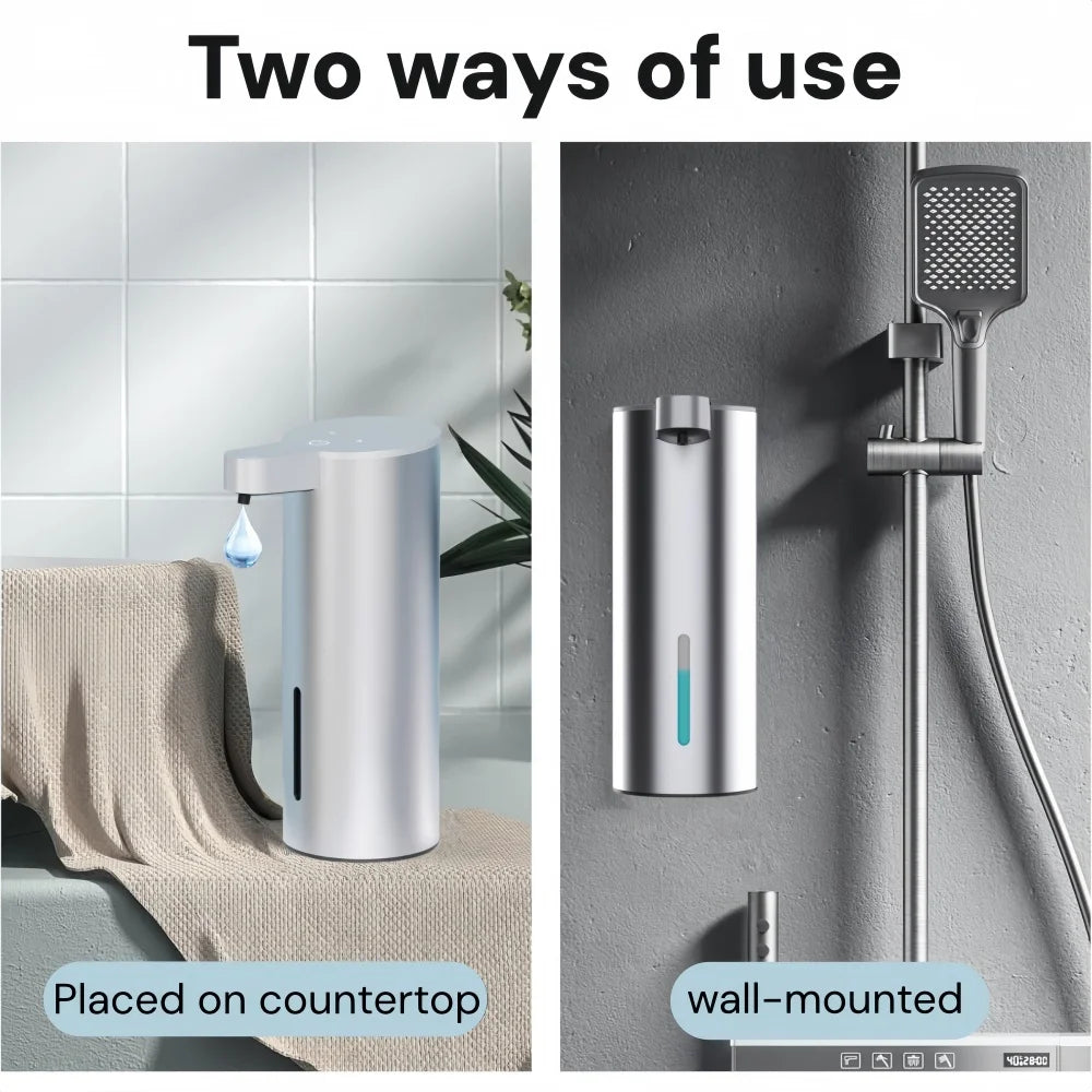 Two ways of use for a stainless steel automatic foam soap dispenser placed on a countertop or wall-mounted.