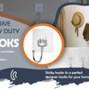 Adhesive heavy duty hooks in a white and gray design shown with usage examples for home decor.