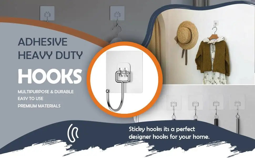 Adhesive heavy duty hooks in a white and gray design shown with usage examples for home decor.