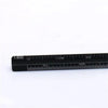 A close-up view of a black aluminum triangular scale ruler with metric markings.