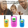 Two kids walkie talkie sets with flashlights in yellow, pink, and blue colors shown with adults.
