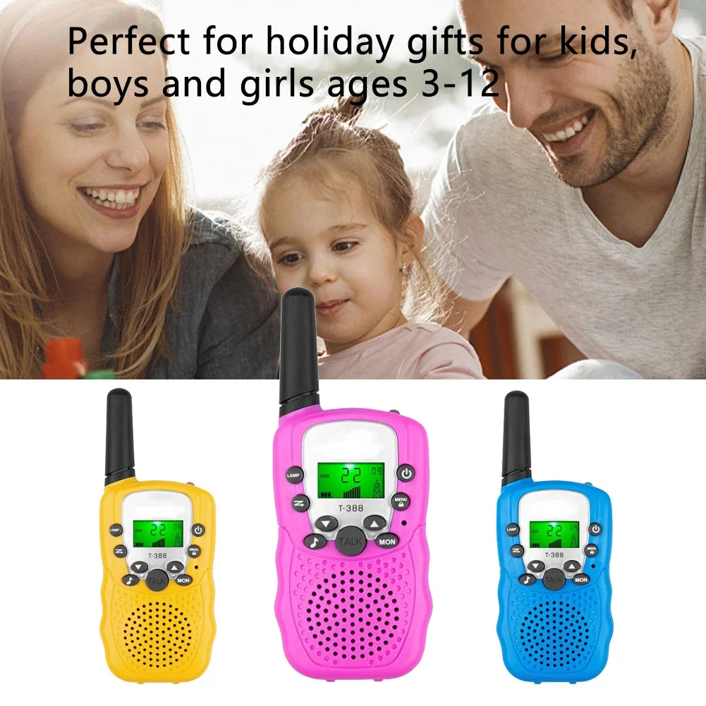 Two kids walkie talkie sets with flashlights in yellow, pink, and blue colors shown with adults.