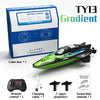 A green and black high-speed RC speedboat with a box containing the driving license and accessories.