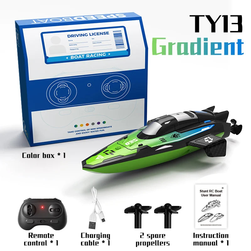A green and black high-speed RC speedboat with a box containing the driving license and accessories.