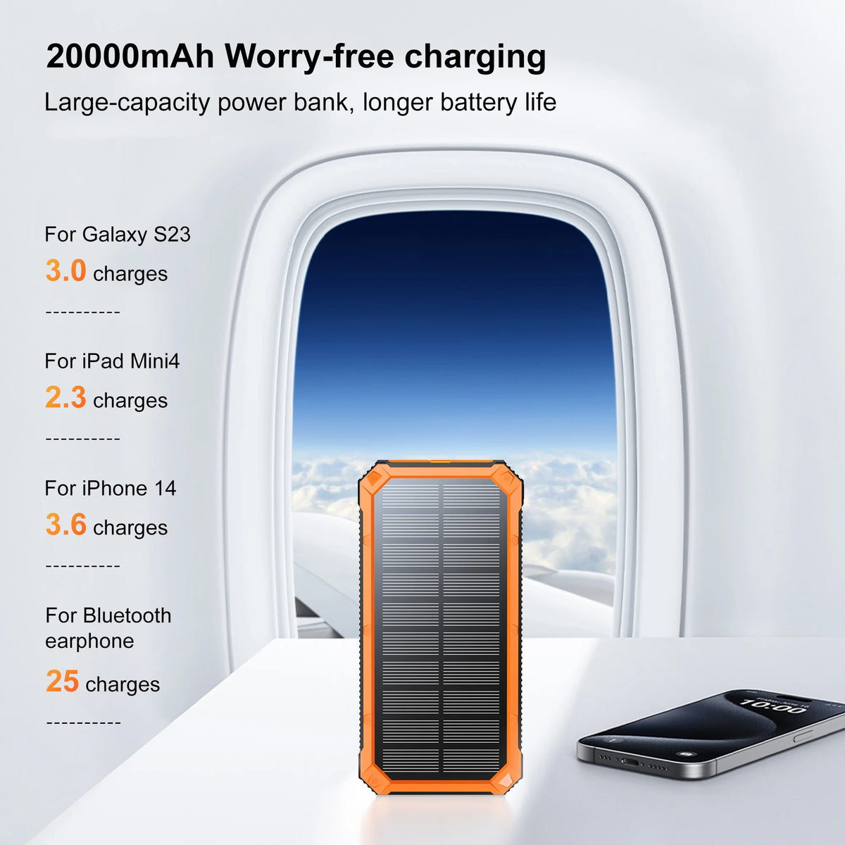 Solar-Powered 20,000mAh Wireless Power Bank with LED Flashlight