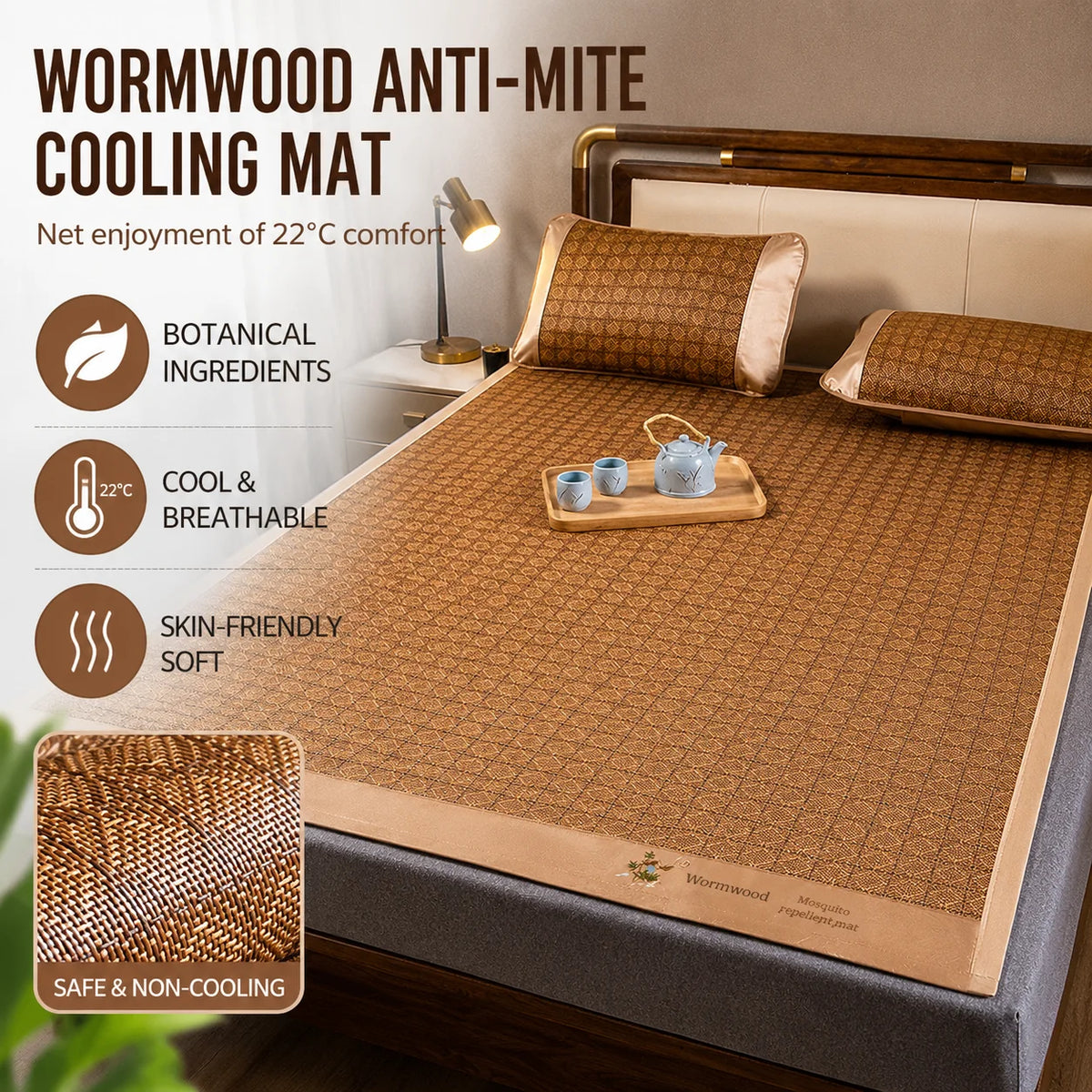 A brown anti-mite cooling mat is placed on a bed, with botanical ingredients and soft textures shown.