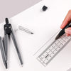 A hand holds a black pen over a white sheet of paper with a drafting set including a compass, ruler, and other tools.