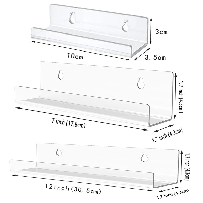 Acrylic floating wall display rack with various lengths and mounting options.