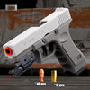A white toy pistol with an orange shell ejecting mechanism is shown against a textured background.