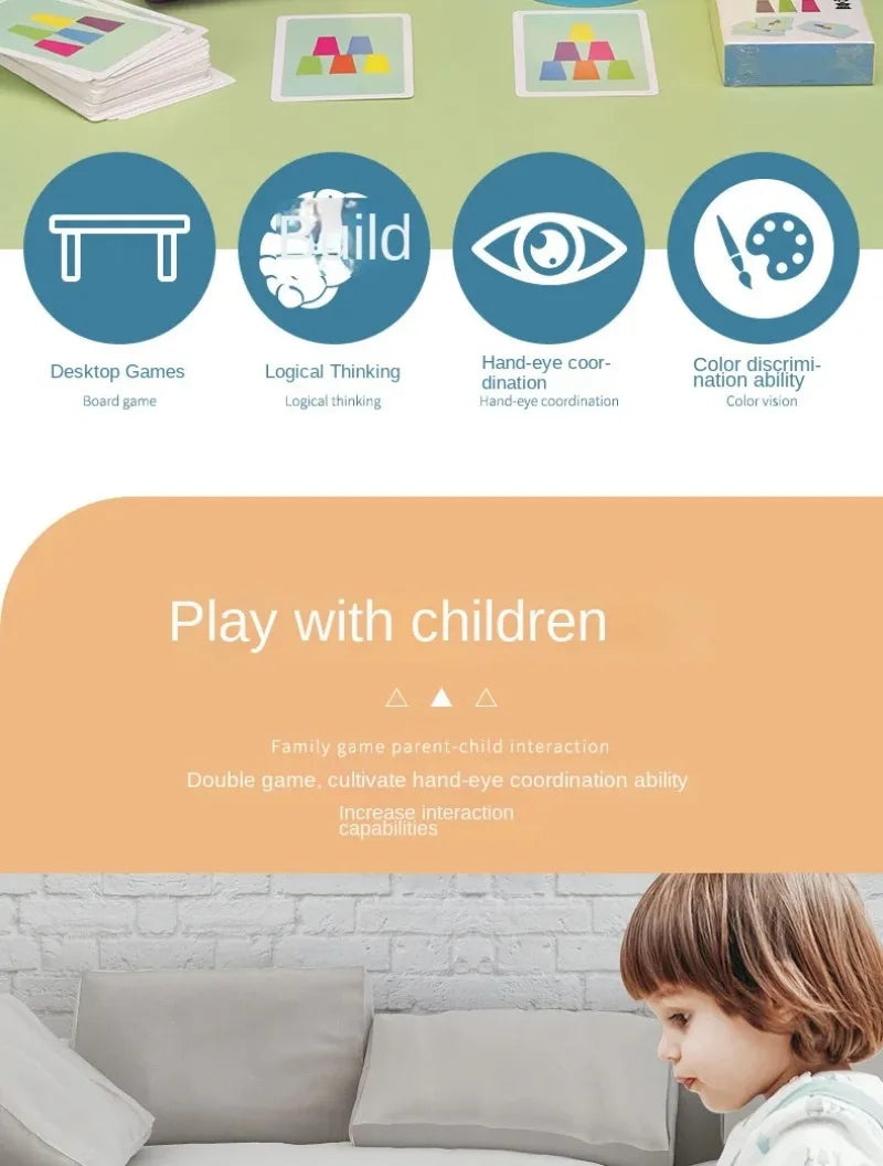 A set of Montessori stack cup game cards showing logical thinking and hand-eye coordination activities for children.