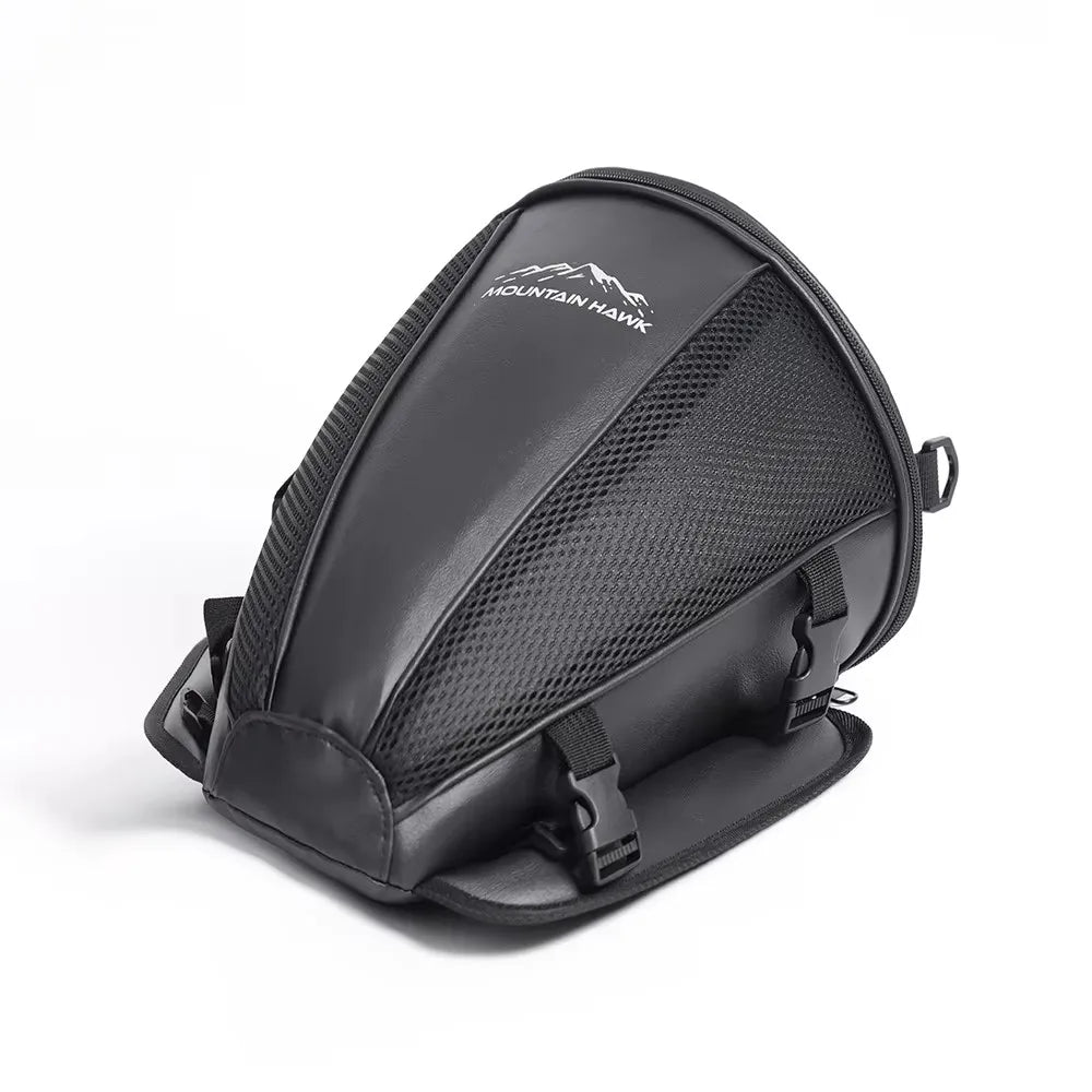 Black motorcycle tail bag with a mountain hawk logo, shown from above.