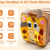 A Montessori giraffe busy board for toddlers featuring sensory play and fine motor activities.