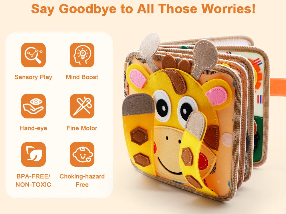 A Montessori giraffe busy board for toddlers featuring sensory play and fine motor activities.