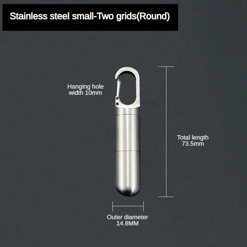Stainless steel small two grids round pill capsule with a hanging hole and keychain loop