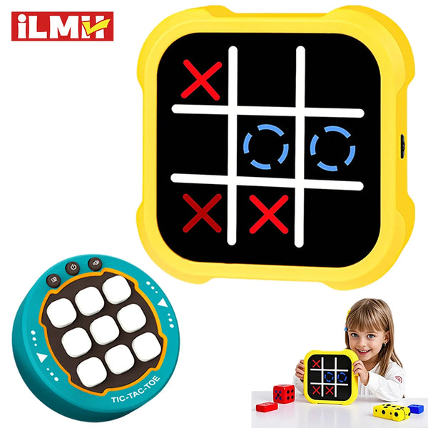 A yellow portable electronic tic-tac-toe game with a black screen and a separate green board.