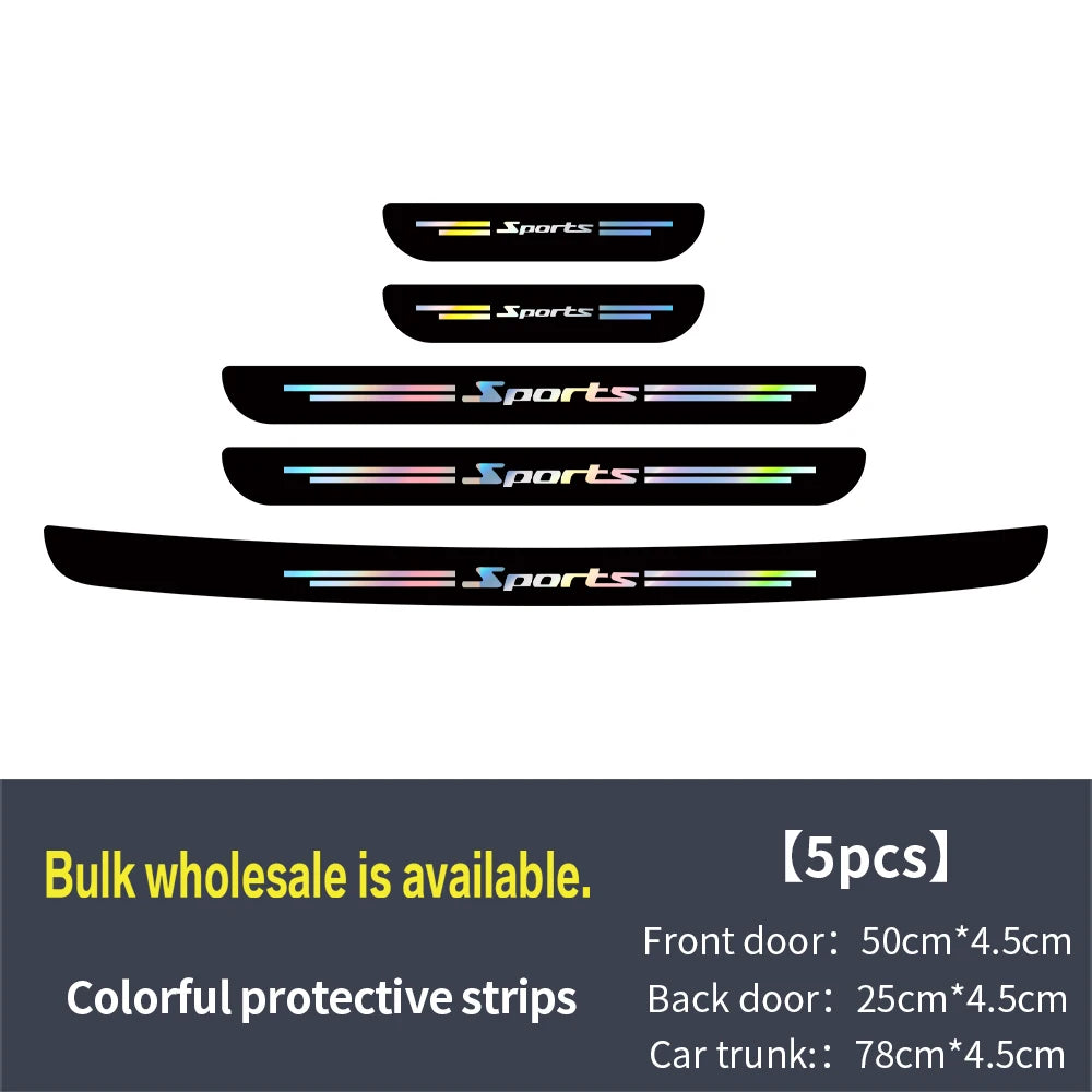 Set of five colorful protective strips for car door sills, including front door, back door, and car trunk.