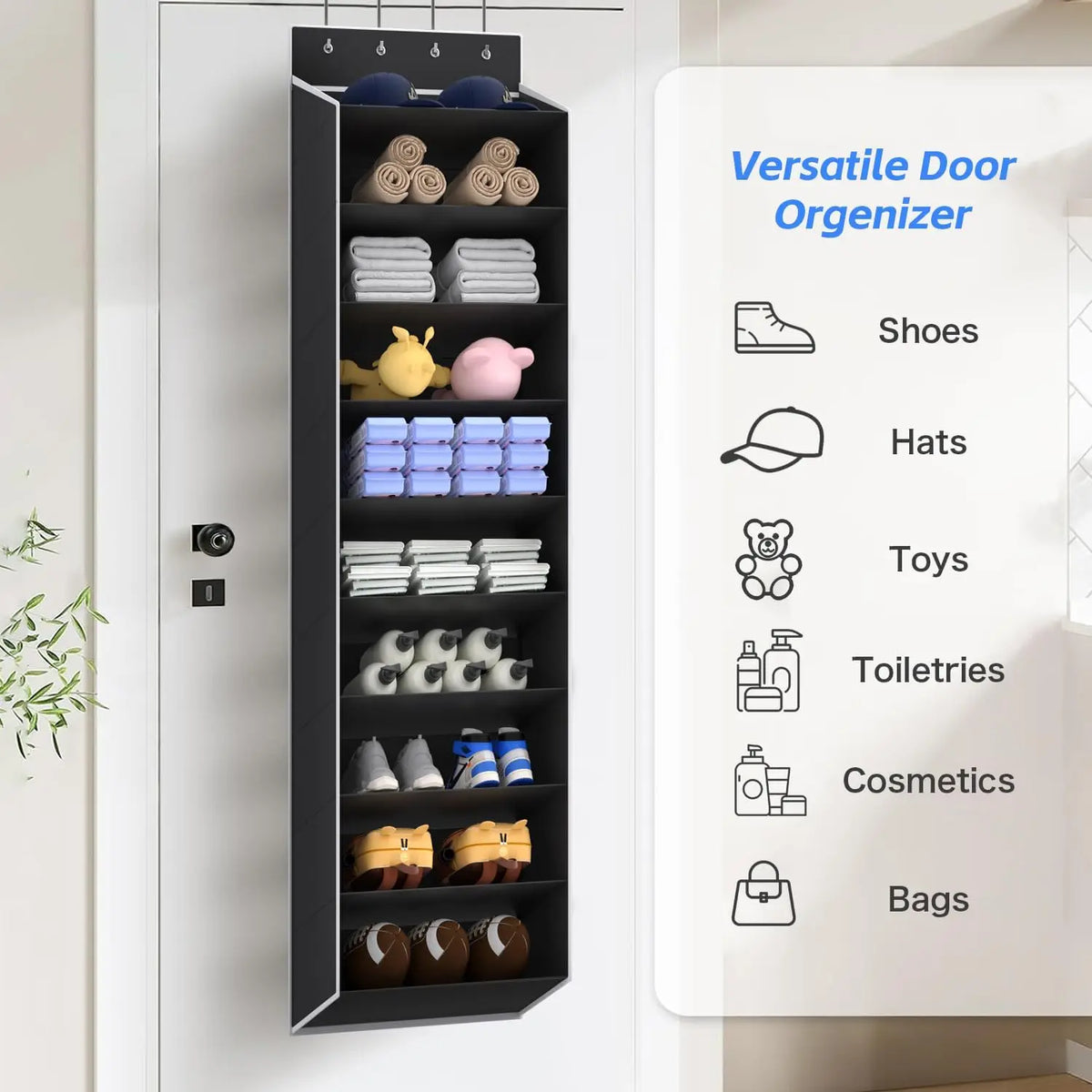 Organizador de zapatos negro colgado por la puerta con múltiples compartimentos para guardar zapatos, sombreros, juguetes, ar