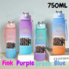 Three 750ml portable sports water bottles in pink, purple, green, and blue colors displayed on a white surface.