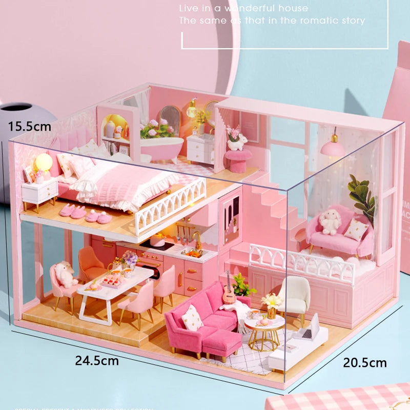 A pink wooden dollhouse miniature building kit featuring furniture and interior decor.