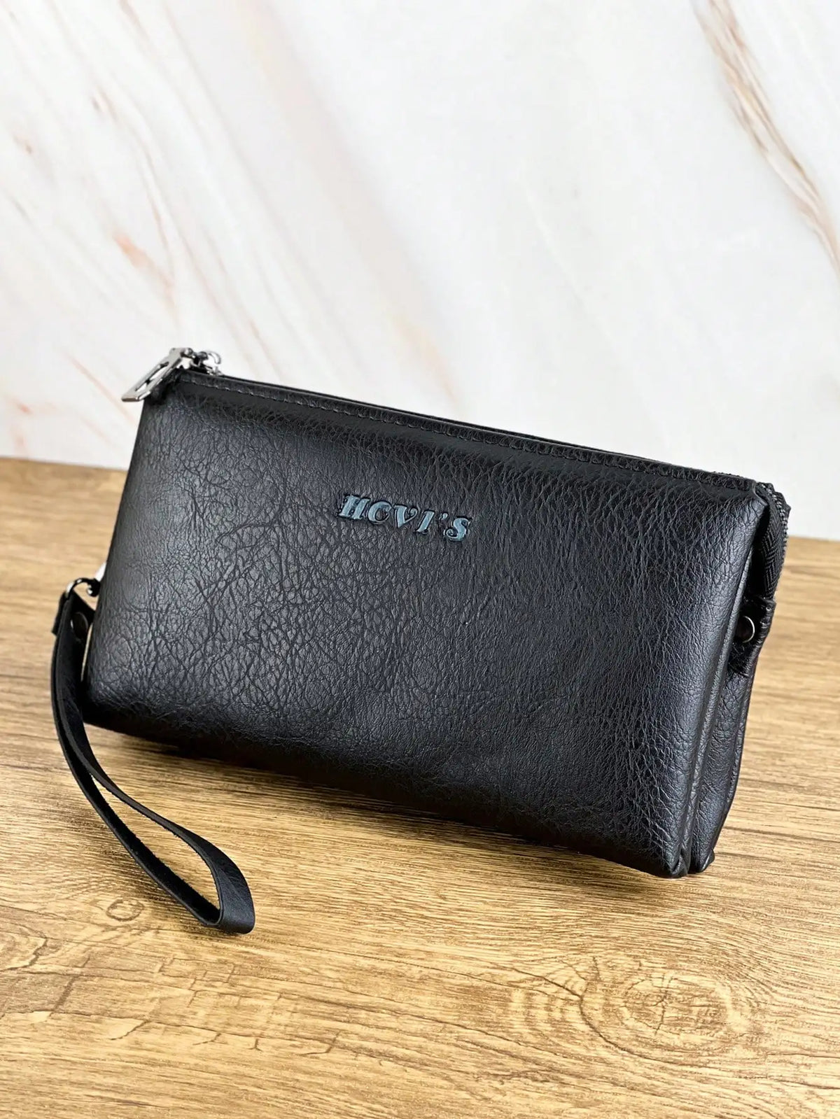 Men's Classic Leather Clutch Bag with Dual Zip Compartments