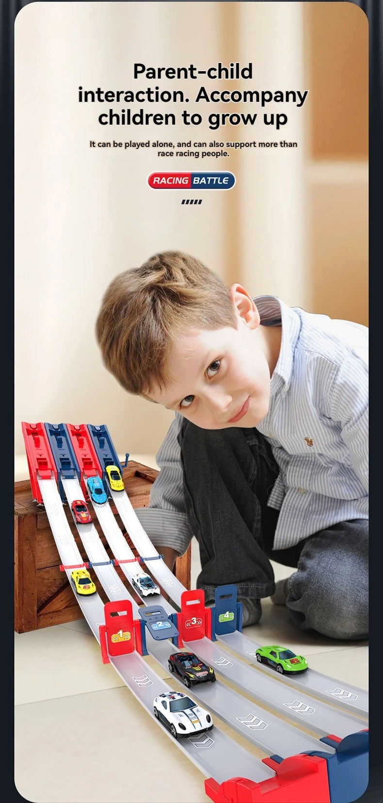 A young boy is playing with a red and white catapult racing car track set featuring die-cast cars.