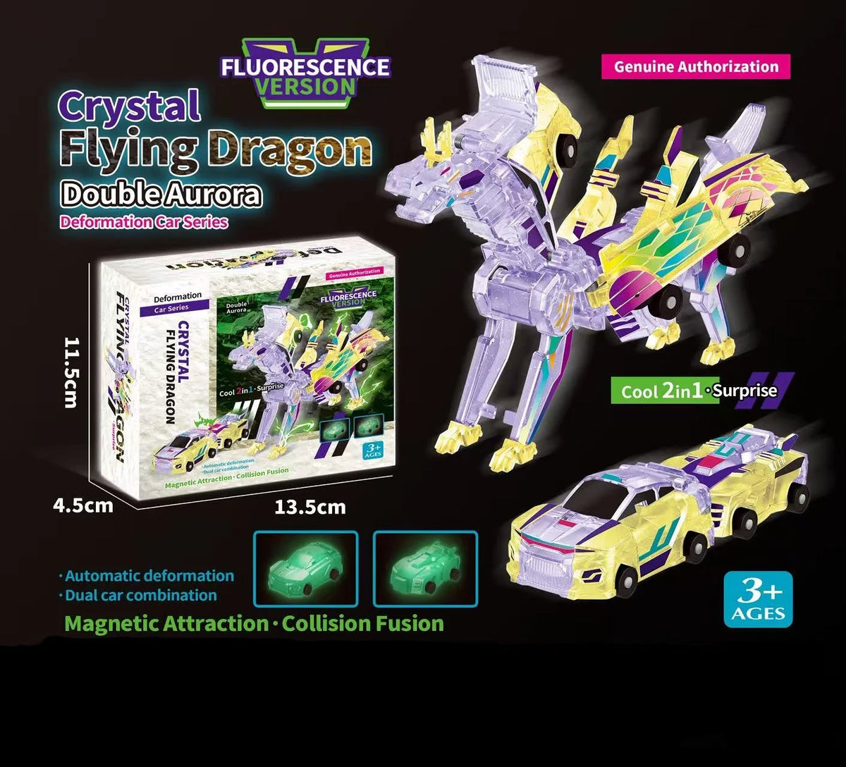 Fluorescence version of a Crystal Flying Dragon double aurora transforming toy car set.