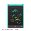 A blue 12-inch LCD writing tablet displaying the text I'm happy and two cats.
