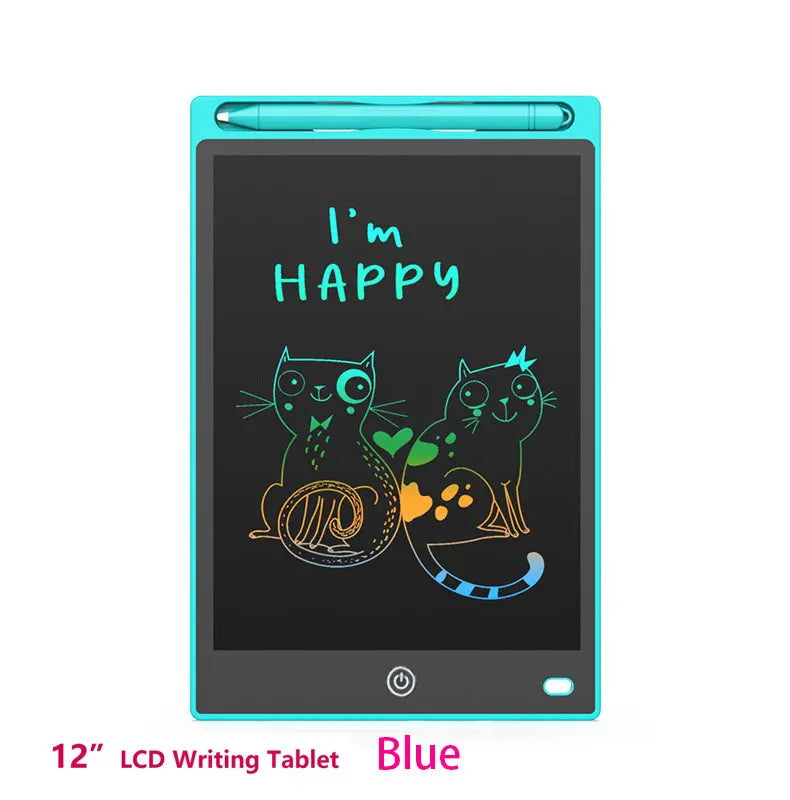 A blue 12-inch LCD writing tablet displaying the text I'm happy and two cats.