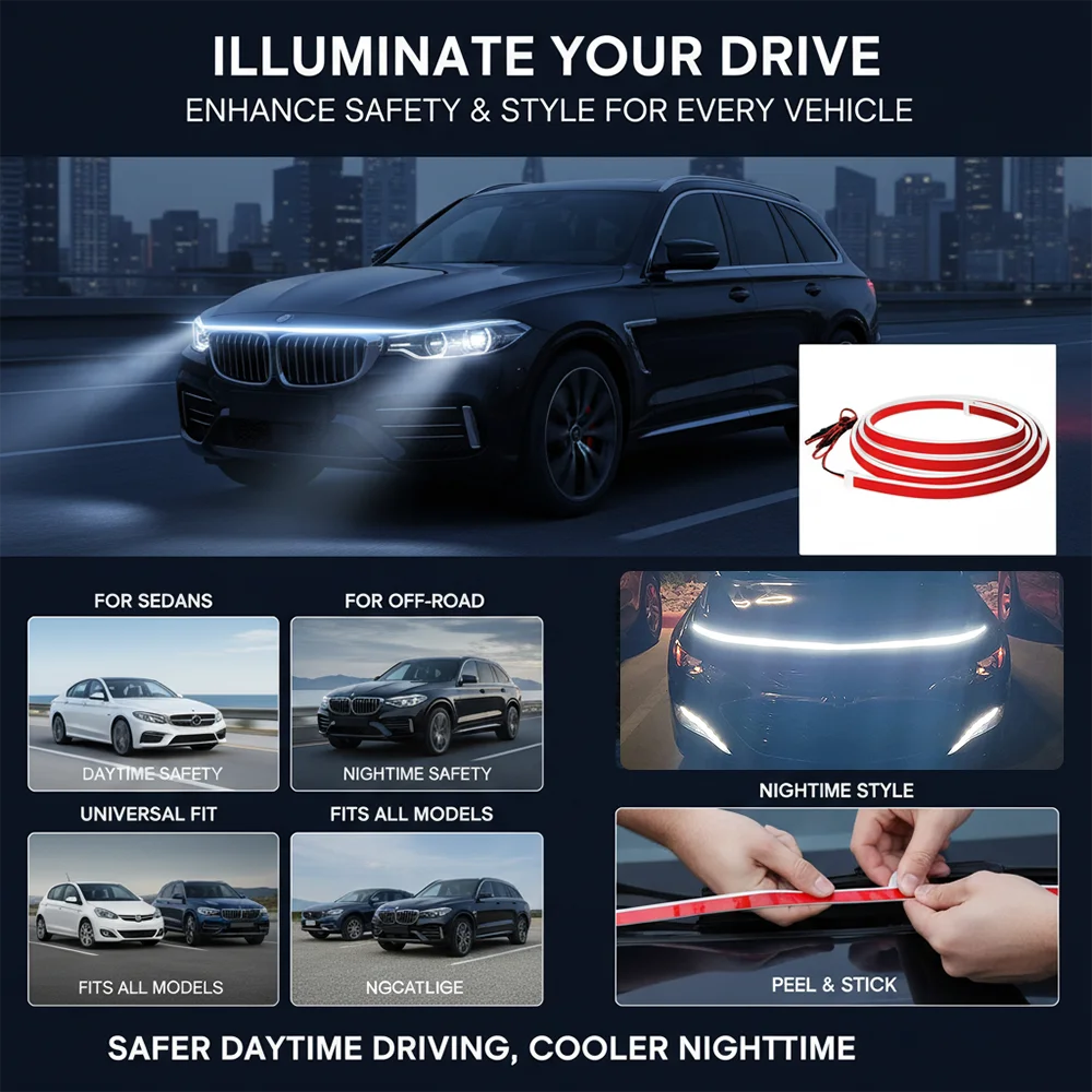 Dynamic Scan LED hood light strip for cars and SUVs showing daytime and nighttime lighting features.