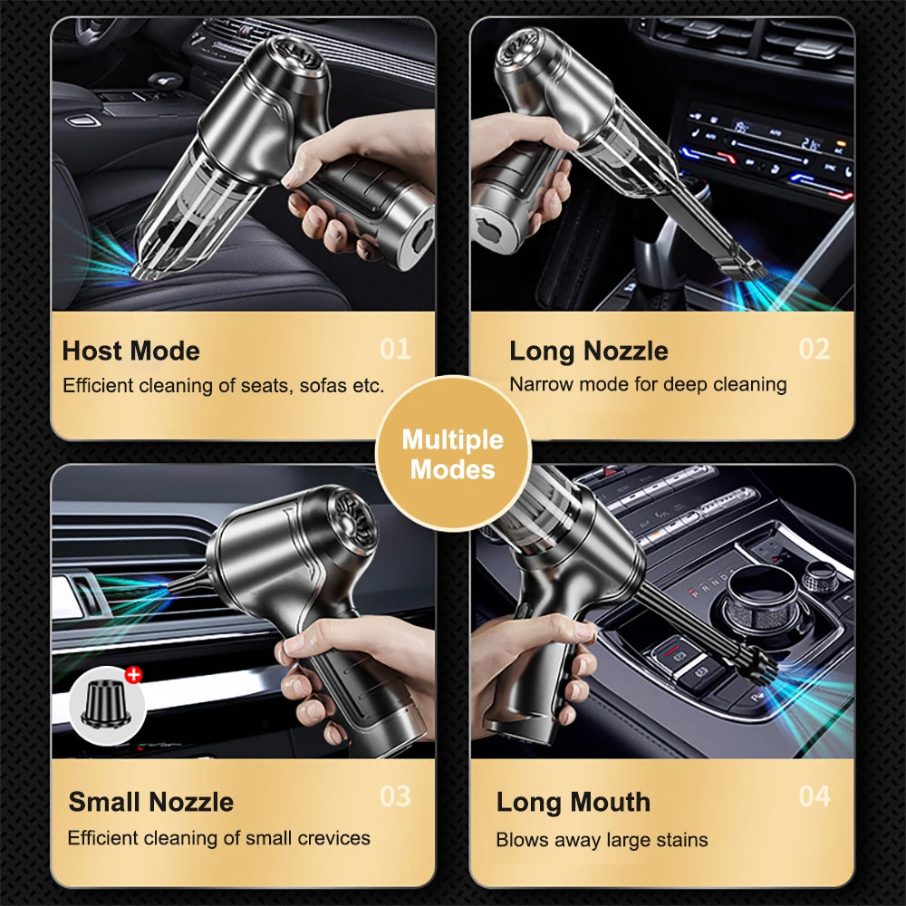Four views of a cordless handheld vacuum cleaner with multiple nozzles for deep cleaning
