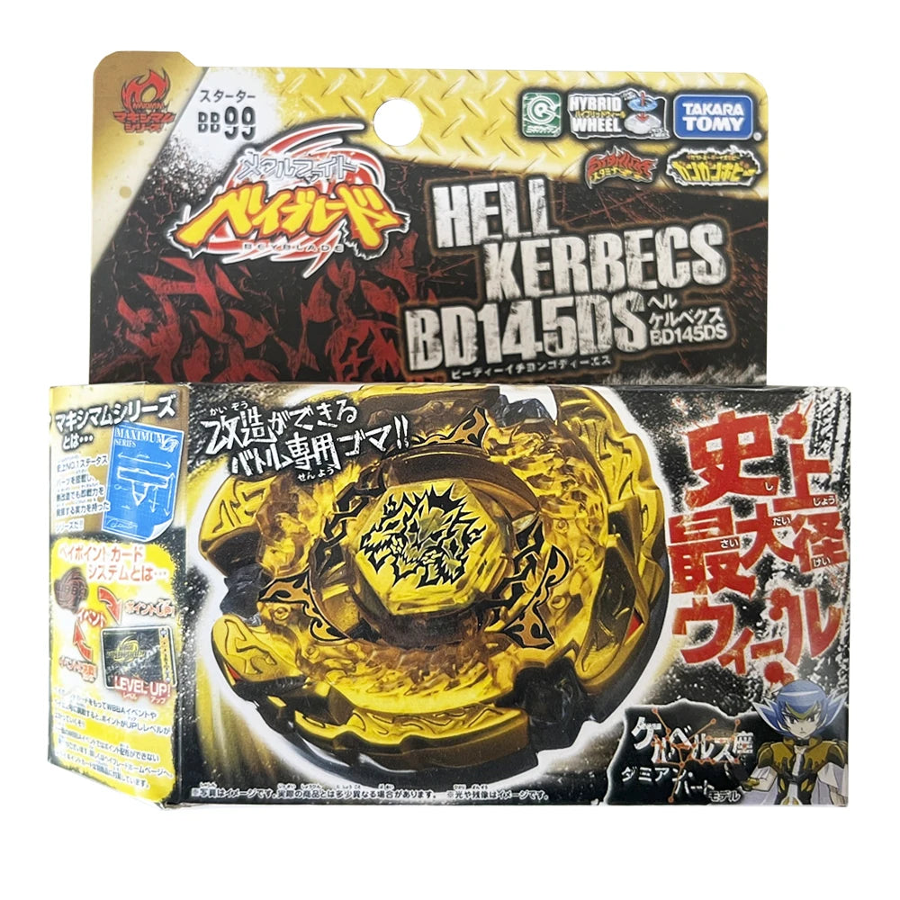 A packaging box for a Heidi Kerbecs BD145DS premium metal spinning top battle toy.