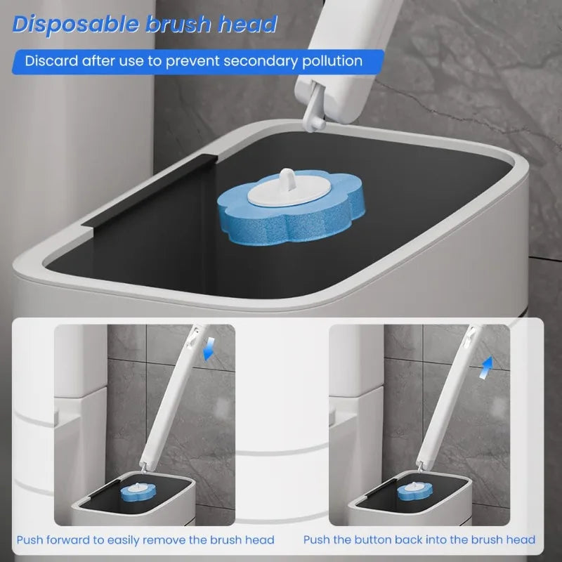A disposable toilet brush head is shown being placed into a holder for disposal.