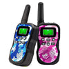A pair of black and pink walkie-talkies with digital displays are shown against a white background.