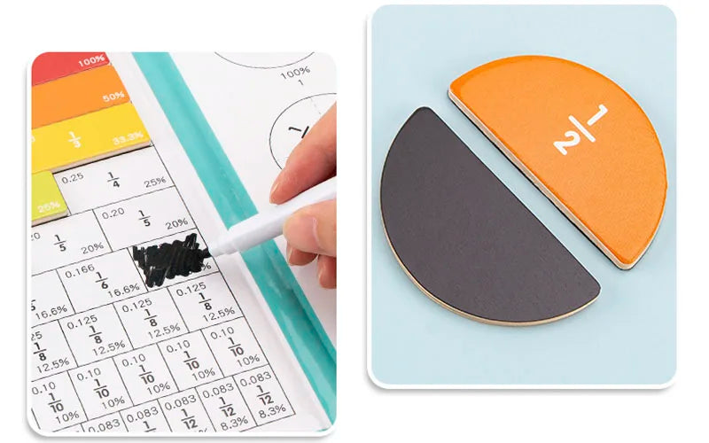 A magnetic wooden fraction learning book showing various fractions and a corresponding orange and dark gray fraction piece.