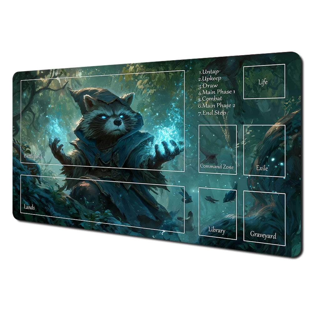 Fantasy card playmat featuring an illustration of a rabbit and raccoon in a forest setting with game instructions.
