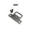 A metal iron sawtooth picture frame hanger with a slot and screw holes, next to two small screws.