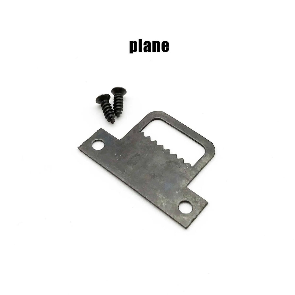 A metal iron sawtooth picture frame hanger with a slot and screw holes, next to two small screws.