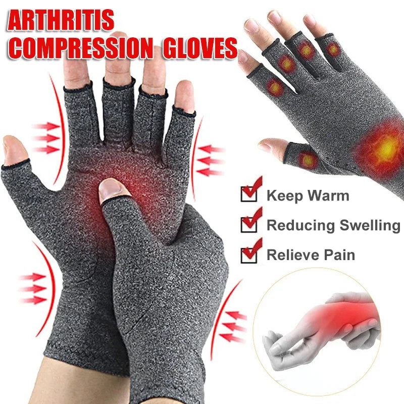 Gray compression gloves designed to keep hands warm, reduce swelling, and relieve pain.